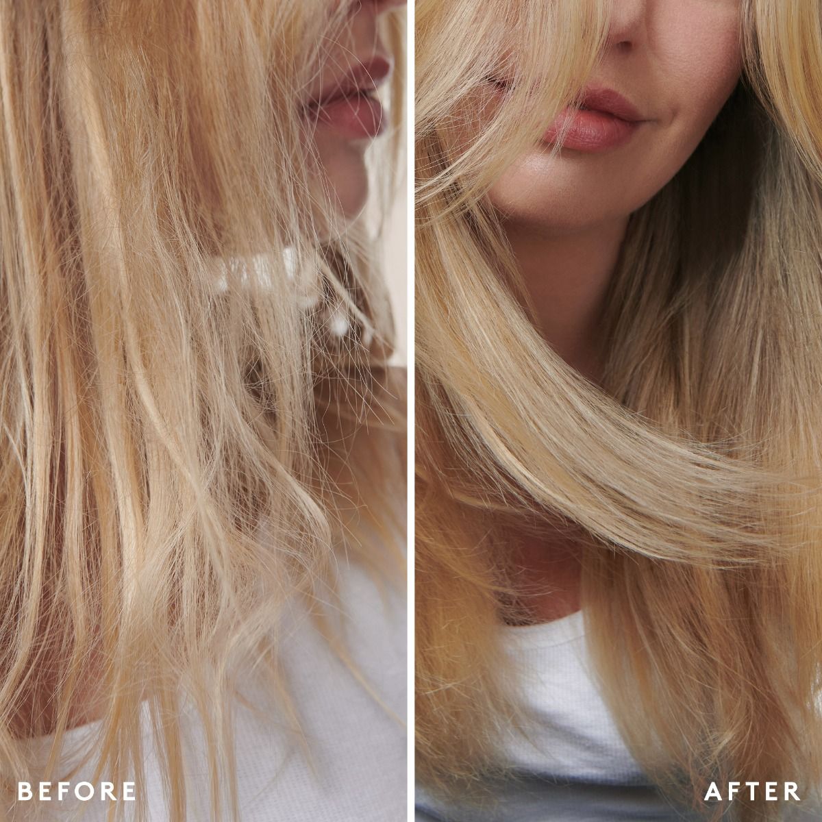 Before and after comparison of blonde hair with a close-up view.