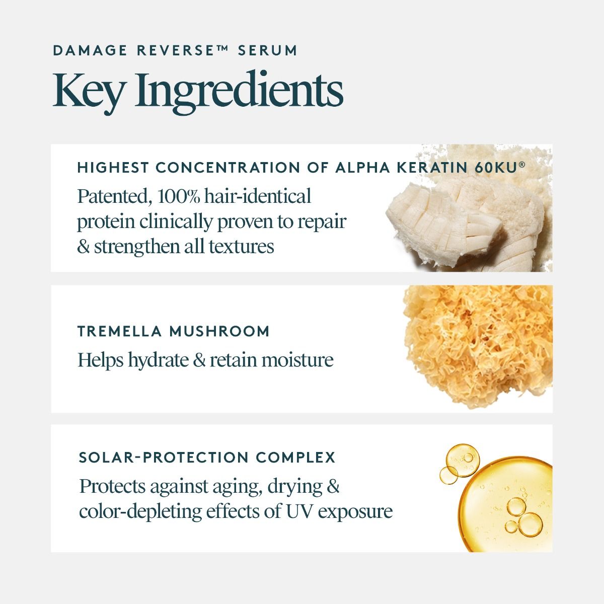 Damage Reverse Serum key ingredients with images of alpha keratin, tremella mushroom, and solar-protection complex on a white background.
