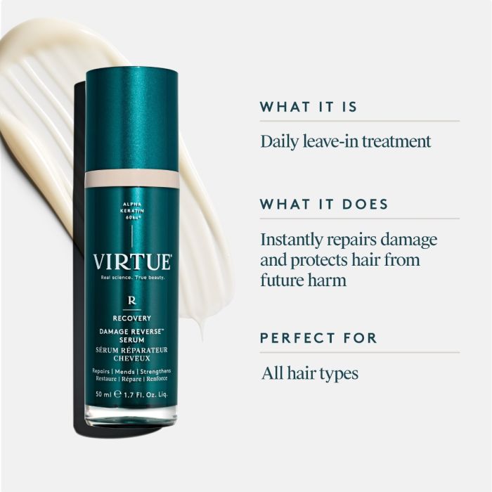 Virtue hair treatment serum with text on a white background