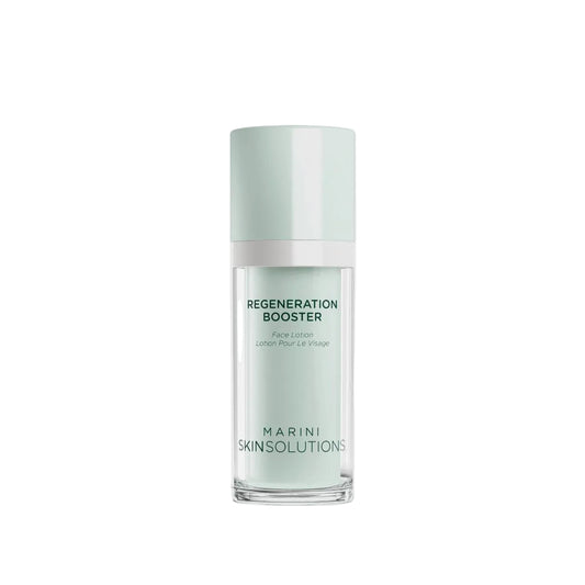 Skincare bottle labeled 'Regeneration Booster' by Marini Skinsolutions on a white background