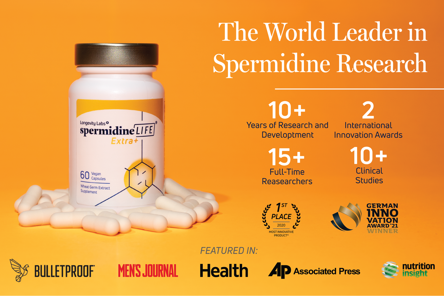 Spermidine supplement bottle with text on an orange background