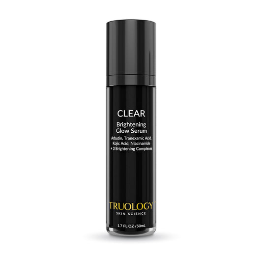 Black serum bottle labeled 'Clear Brightening Glow Serum' by Truology on a white background