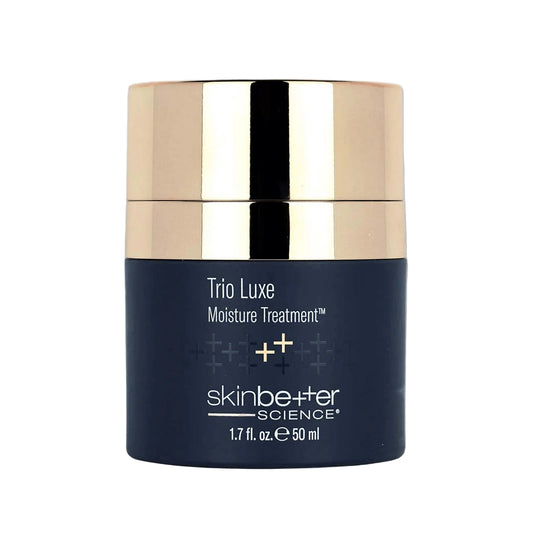 Skincare jar labeled 'Trio Luxe Moisture Treatment' by 'skinbetter science' on a white background
