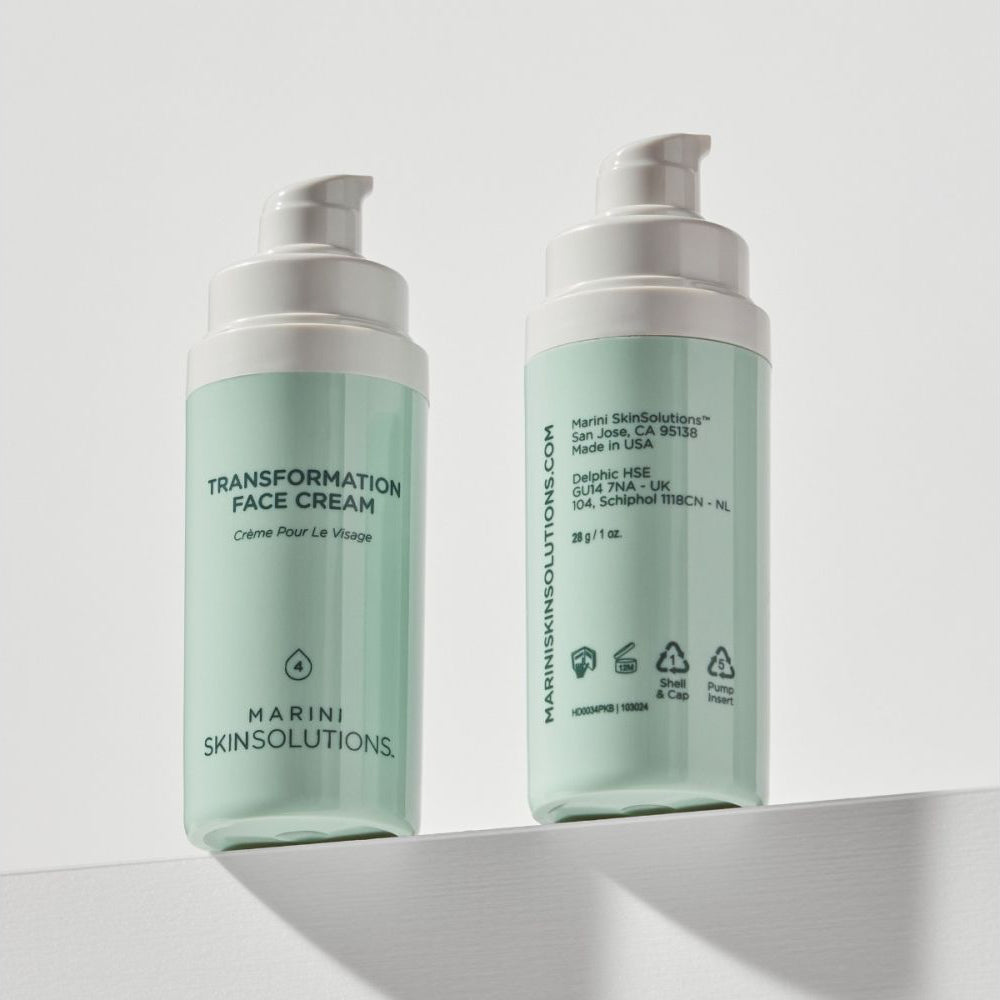 Two bottles of Marini Skinsolutions Transformation Face Cream on a white background