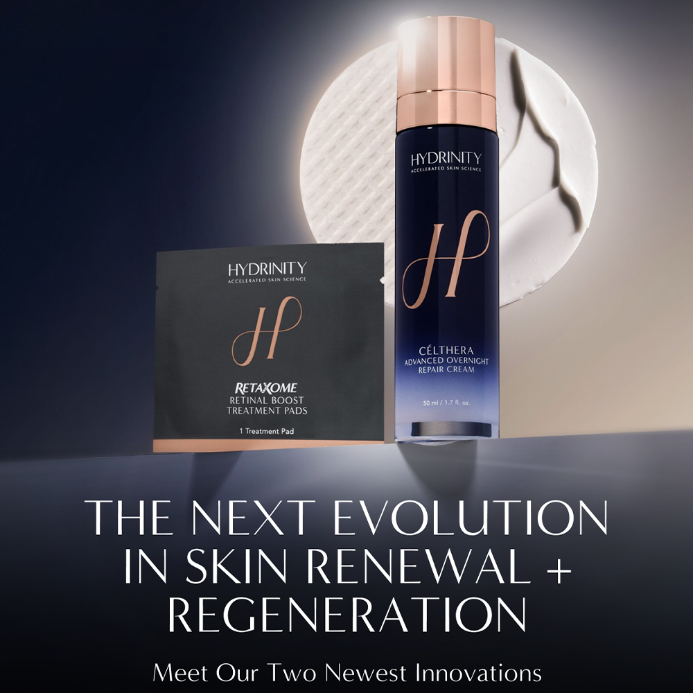 Hydrinity skincare promotional graphic showing a Retaxome Retinal Boost Treatment Pad box and a Célthera Advanced Overnight Repair Cream bottle against a dark gradient background with a glowing circular backdrop.