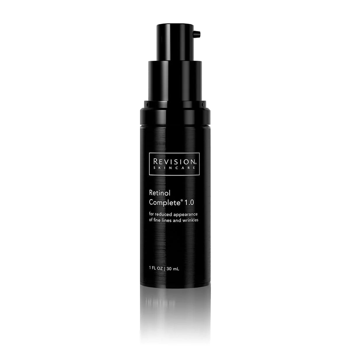 Black skincare bottle labeled 'Revision Skincare' on a white background